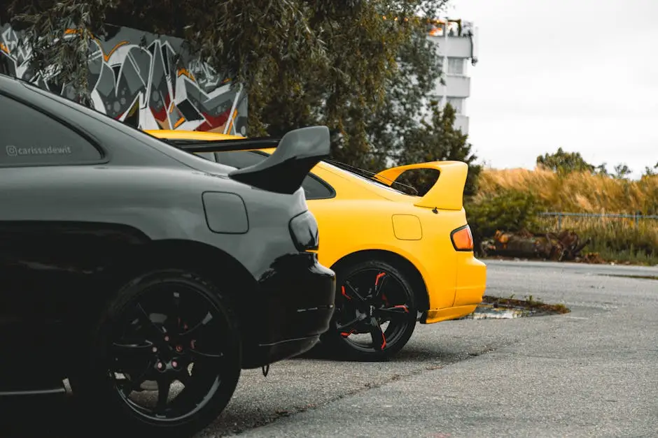Black and yellow sports cars parked on an urban street with graffiti background.